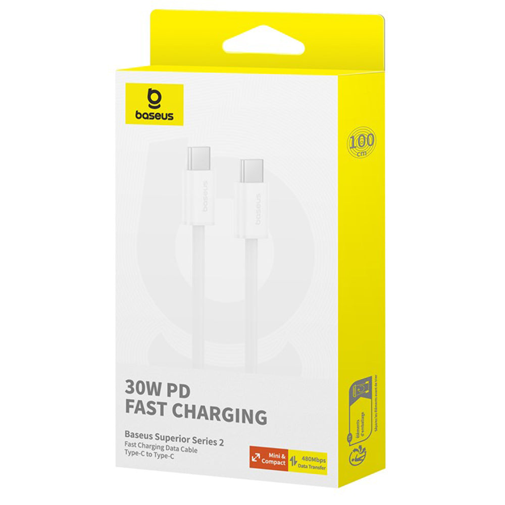 Кабел за данни и зареждане USB-C - USB-C Baseus Superior Series 2, 30W, 2m, Бял P10365200211-01