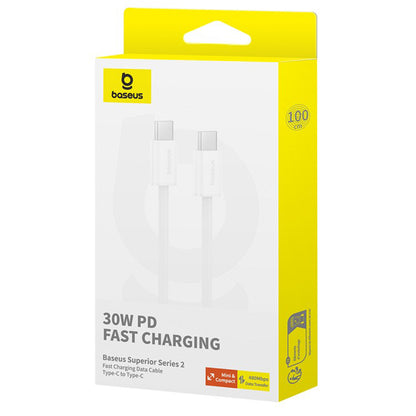Кабел за данни и зареждане USB-C - USB-C Baseus Superior Series 2, 30W, 2m, Бял P10365200211-01