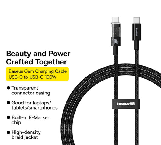 Кабел за данни и зареждане USB-C - USB-C Baseus Gem, 100W, 2m, Черен P10373000111-01