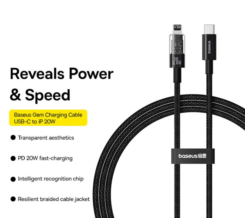 Кабел за данни и зареждане USB-C - Lightning Baseus Gem, 20W, 2m, Черен P10373001111-01
