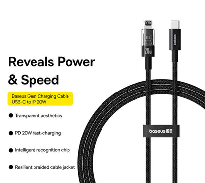 Кабел за данни и зареждане USB-C - Lightning Baseus Gem, 20W, 2m, Черен P10373001111-01