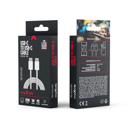 Кабел за данни и зареждане USB-C - USB-C MaXlife MXUC-06, 20W, 1m, Сив