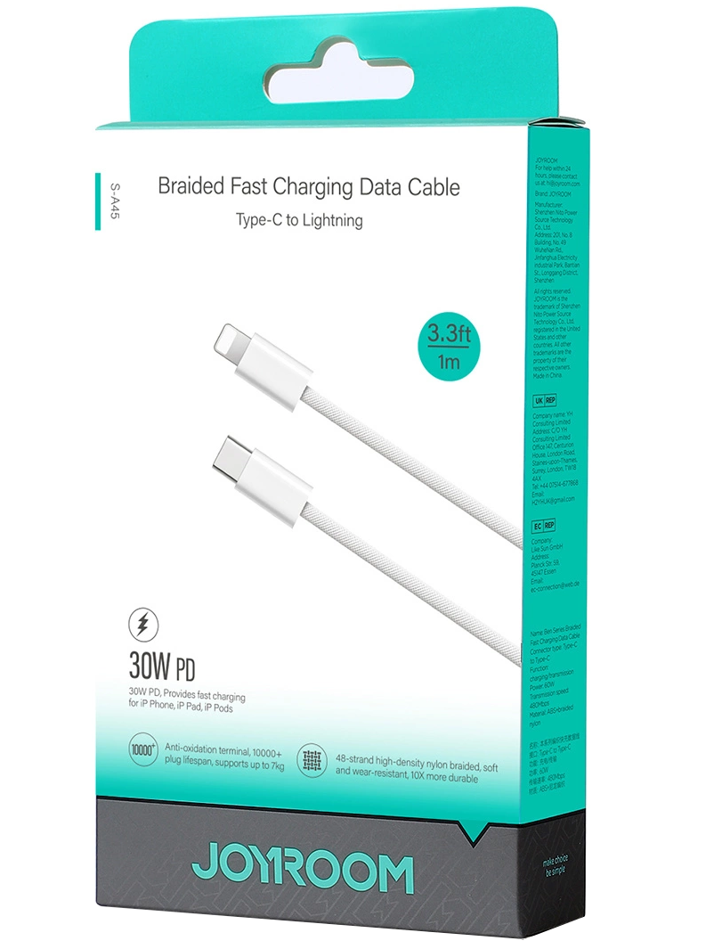 Кабел за данни и зареждане USB-C - Lightning Joyroom S-A45, 30W, 1m, Бял
