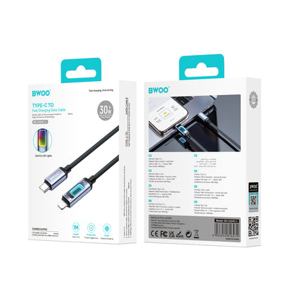Кабел за данни и зареждане USB-C - Lightning BWOO X324CL Display, 30W, 1м, Черен