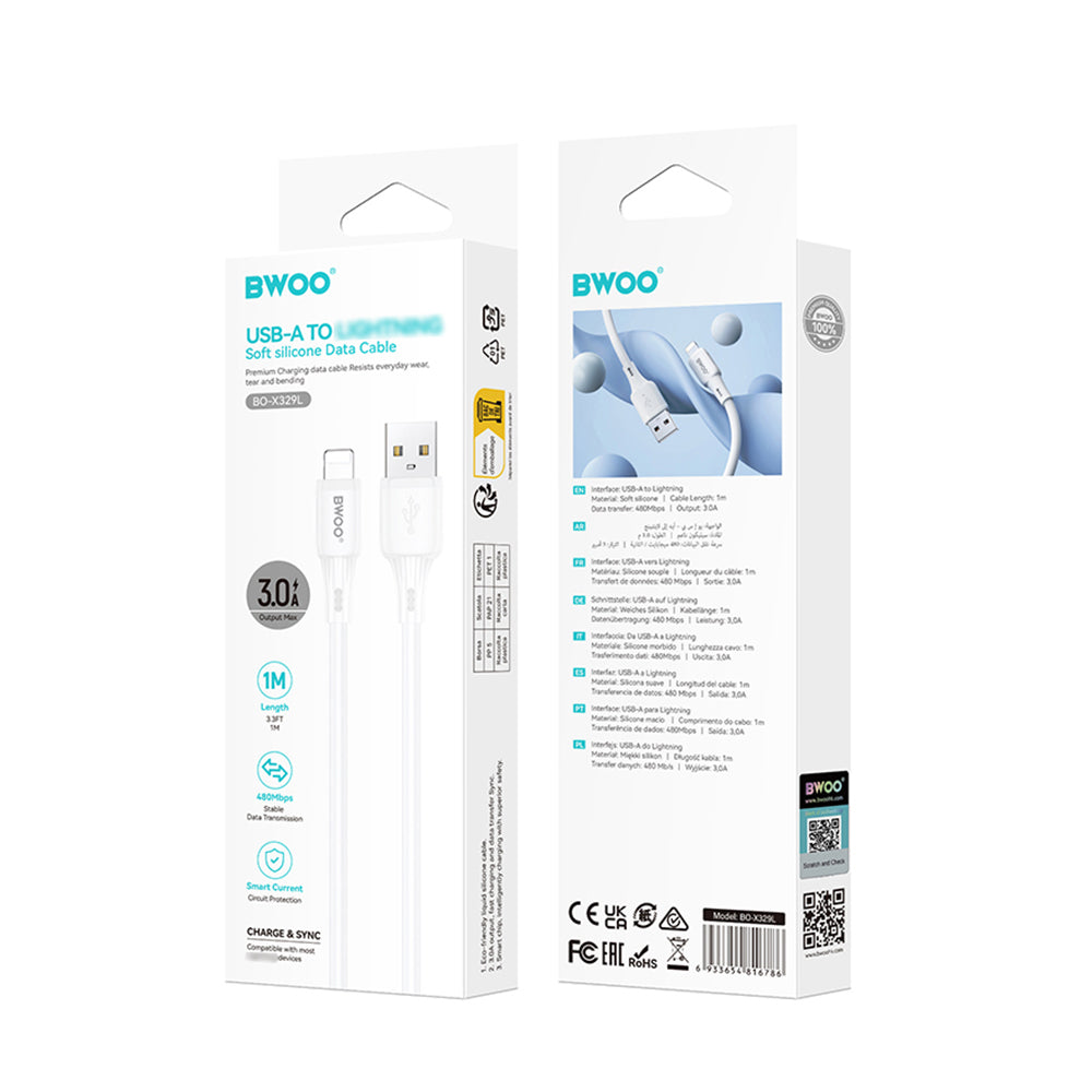 Кабел за данни и зареждане USB-A - Lightning BWOO X329L, 15W, 1м, бял