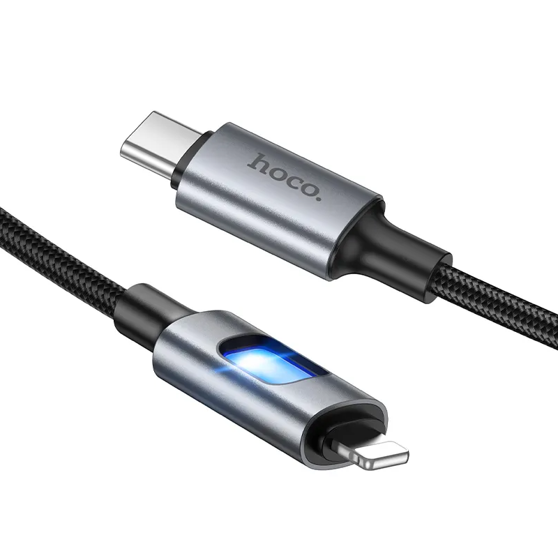 Кабел за данни и зареждане USB-C - Lightning HOCO U144 Led, 27W, 1.2м, Черен