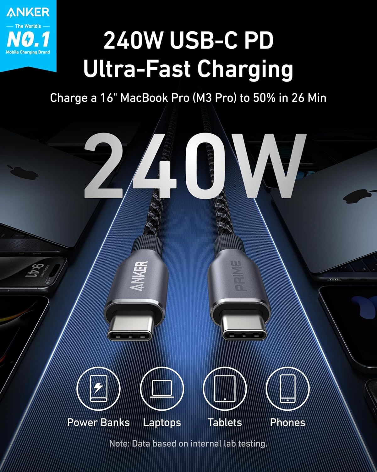 Кабел за данни и зареждане USB-C – USB-C Anker Prime, 240 W, 0,9 м, черен A88E2011