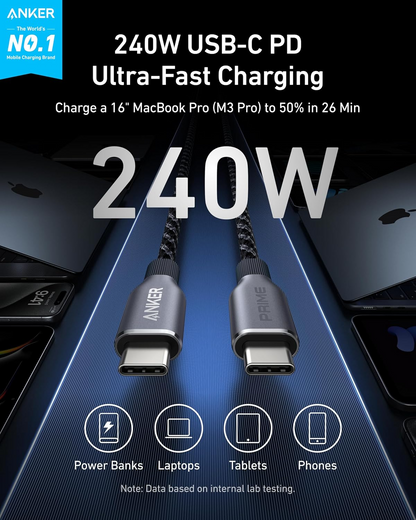 Кабел за данни и зареждане USB-C – USB-C Anker Prime, 240 W, 0,9 м, черен A88E2011