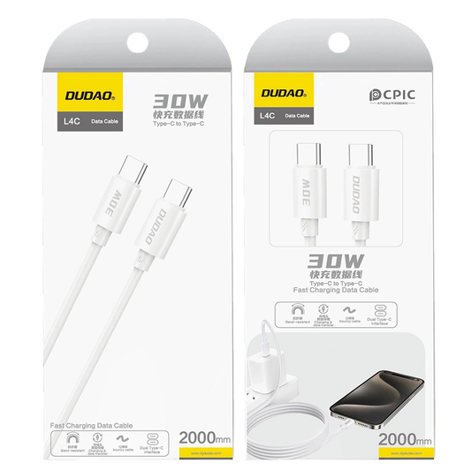 Кабел за данни и зареждане USB-C - USB-C Dudao L4C, 30W, 2м, бял