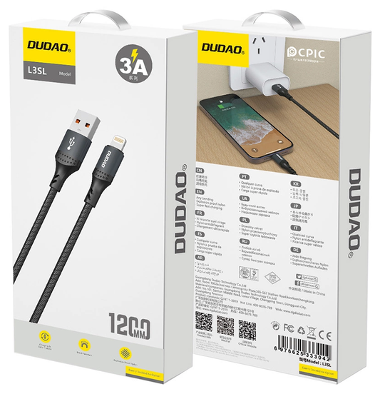 Кабел за данни и зареждане USB-A - Lightning Dudao L3SL, 30W, 1.2м, Черен