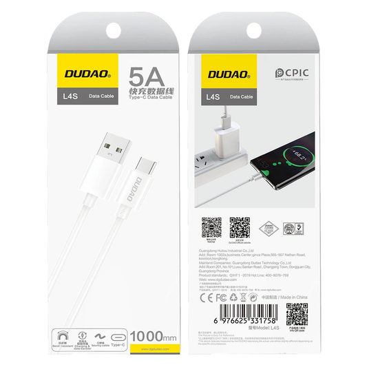 Кабел за данни и зареждане USB-A - USB-C Dudao L4ST, 100W, 1м, бял