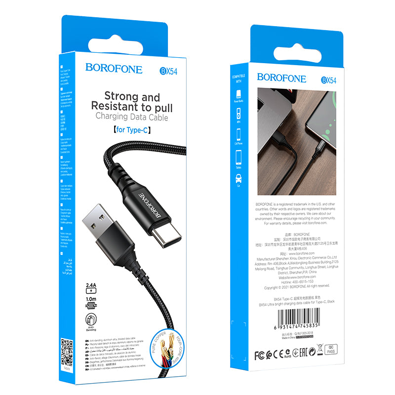 Кабел за пренос на данни и зареждане от USB-A към USB-C Borofone BX54 Ultra bright, 18W, 1m, черен