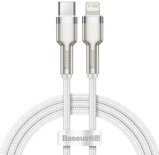 Кабел за данни и зареждане USB-C - Lightning Baseus Cafule Metal Series, 20W, 1m, бял CATLJK-A02