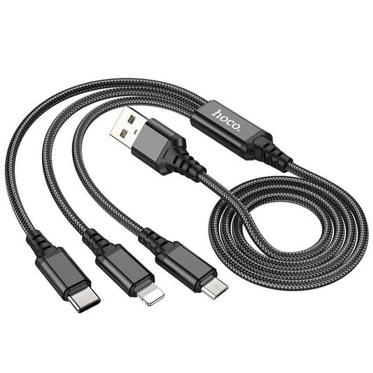 Кабел за зареждане USB-A - Lightning / microUSB / USB-C HOCO X76 3в1, 18W, 1m, Черен