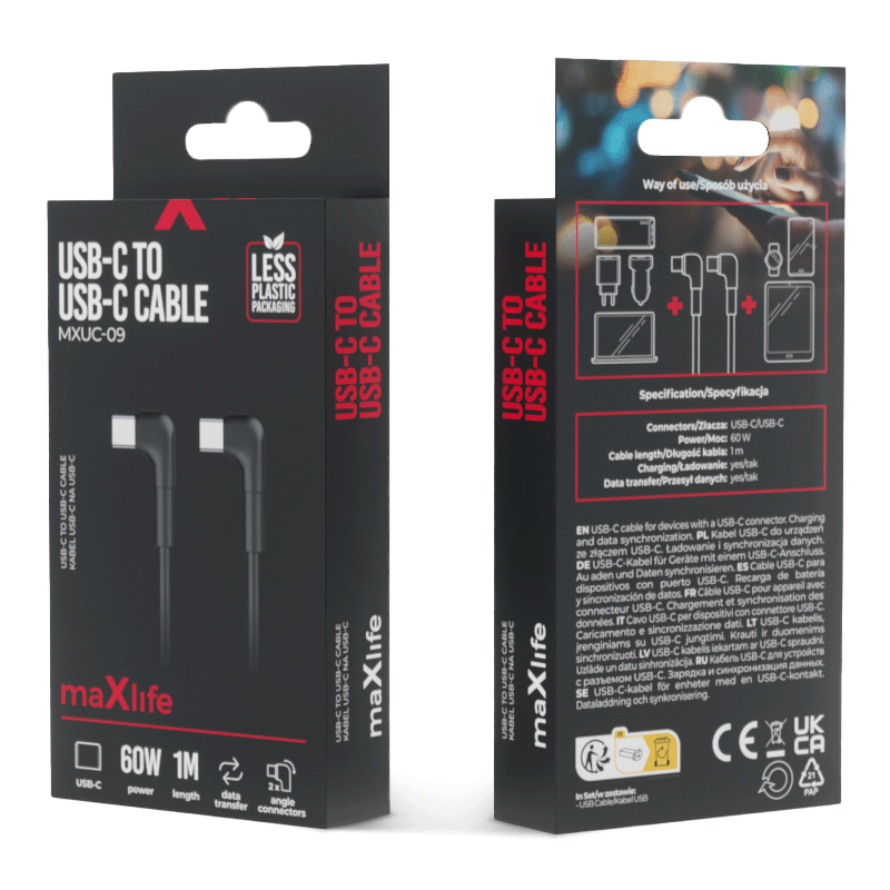 USB-C кабел за данни и зареждане - USB-C MaXlife MXUC-09 MXUC-09 ъглов, 60W, 1m, черен 