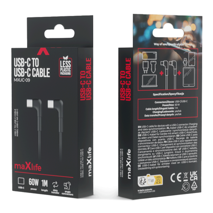 USB-C кабел за данни и зареждане - USB-C MaXlife MXUC-09 MXUC-09 ъглов, 60W, 1m, черен 