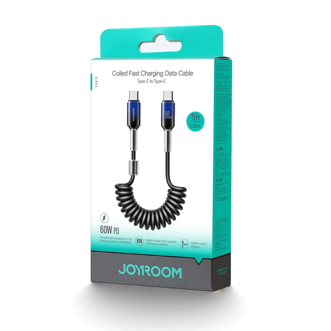 Кабел за данни и зареждане USB-C - USB-C Joyroom S-A43 Crystal, 60W, 1.5m, Черен