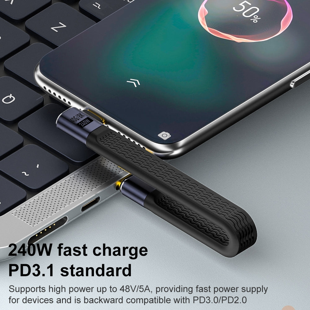 Кабел за данни и зареждане USB-C - USB-C OEM Angled 8K Video, 240W, 0.15m, Черен