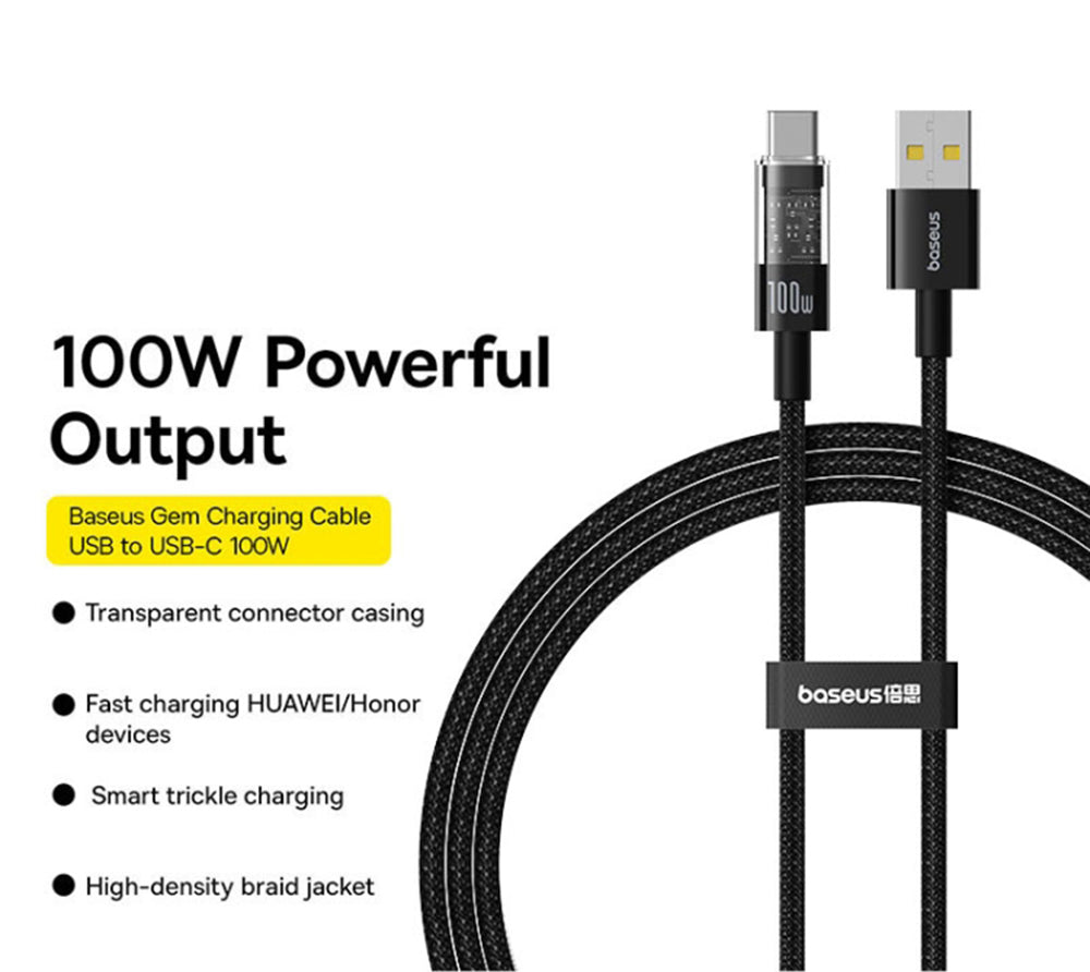 Кабел за данни и зареждане USB-A - USB-C Baseus Gem, 100W, 1m, Черен P10373002111-00