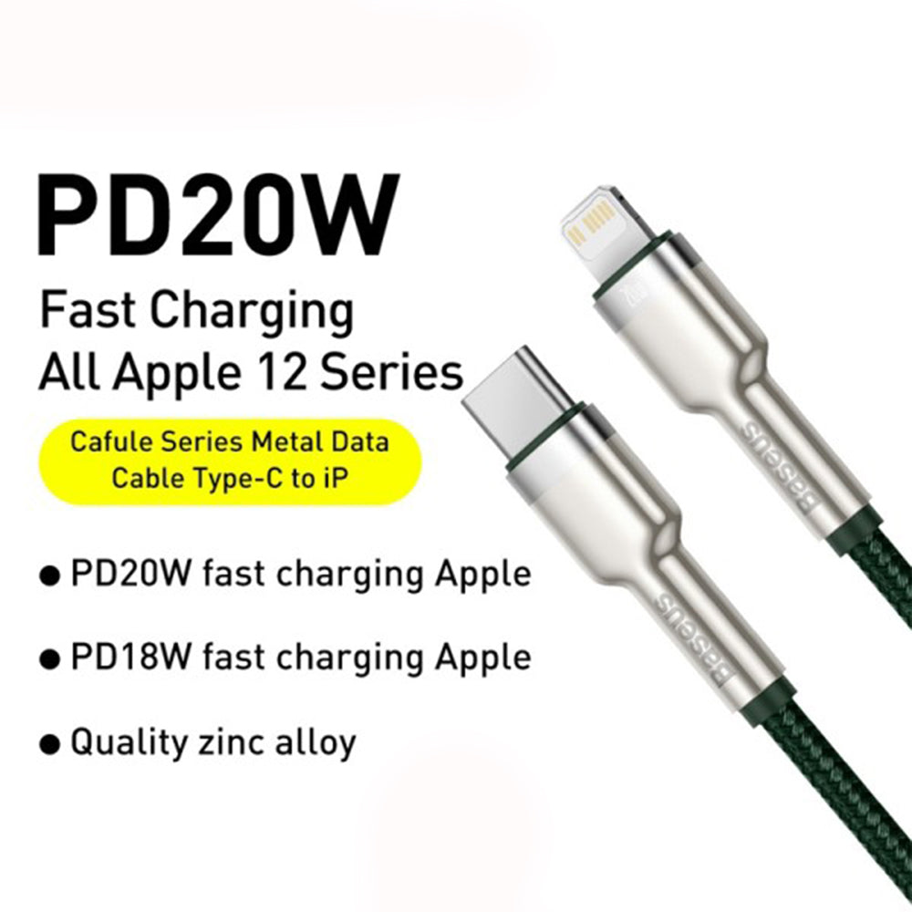 Кабел за данни и зареждане USB-C - Lightning Baseus Cafule Metal Series, 20W, 2m, Зелен CATLJK-B06