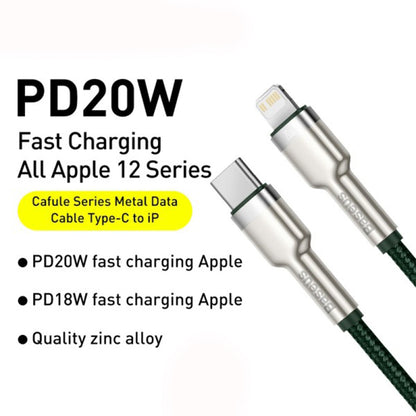 Кабел за данни и зареждане USB-C - Lightning Baseus Cafule Metal Series, 20W, 2m, Зелен CATLJK-B06