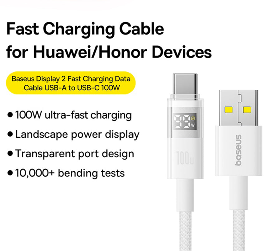 Кабел за данни и зареждане USB-A - USB-C Baseus Display 2, 100W, 2m, Бял P10382701211-01