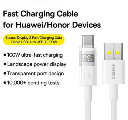 Кабел за данни и зареждане USB-A - USB-C Baseus Display 2, 100W, 2m, Бял P10382701211-01