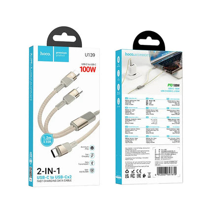 Кабел за данни и зареждане USB-C - 2 x USB-C HOCO U139 2in1, 100W, 1.2m, Златист