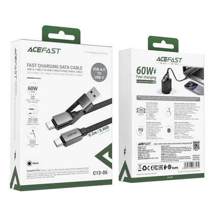 Кабел за данни и зареждане USB-C - USB-A / USB-C Acefast C13-05, 60W, 0.2m, Черен