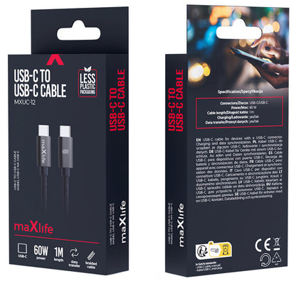 Кабел за данни и зареждане USB-C - USB-C MaXlife MXUC-12, 60W, 1m, Черен