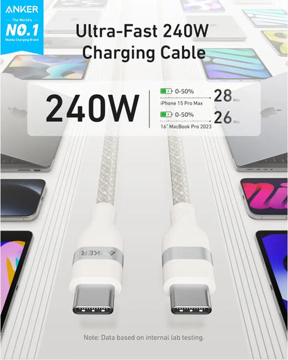 Кабел за данни и зареждане USB-C - USB-C Anker, 240W, 0.9m, Бял A82E2H21