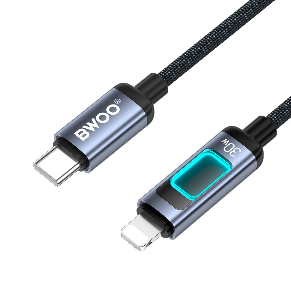 Кабел за данни и зареждане USB-C - Lightning BWOO X324CL Display, 30W, 1м, Черен