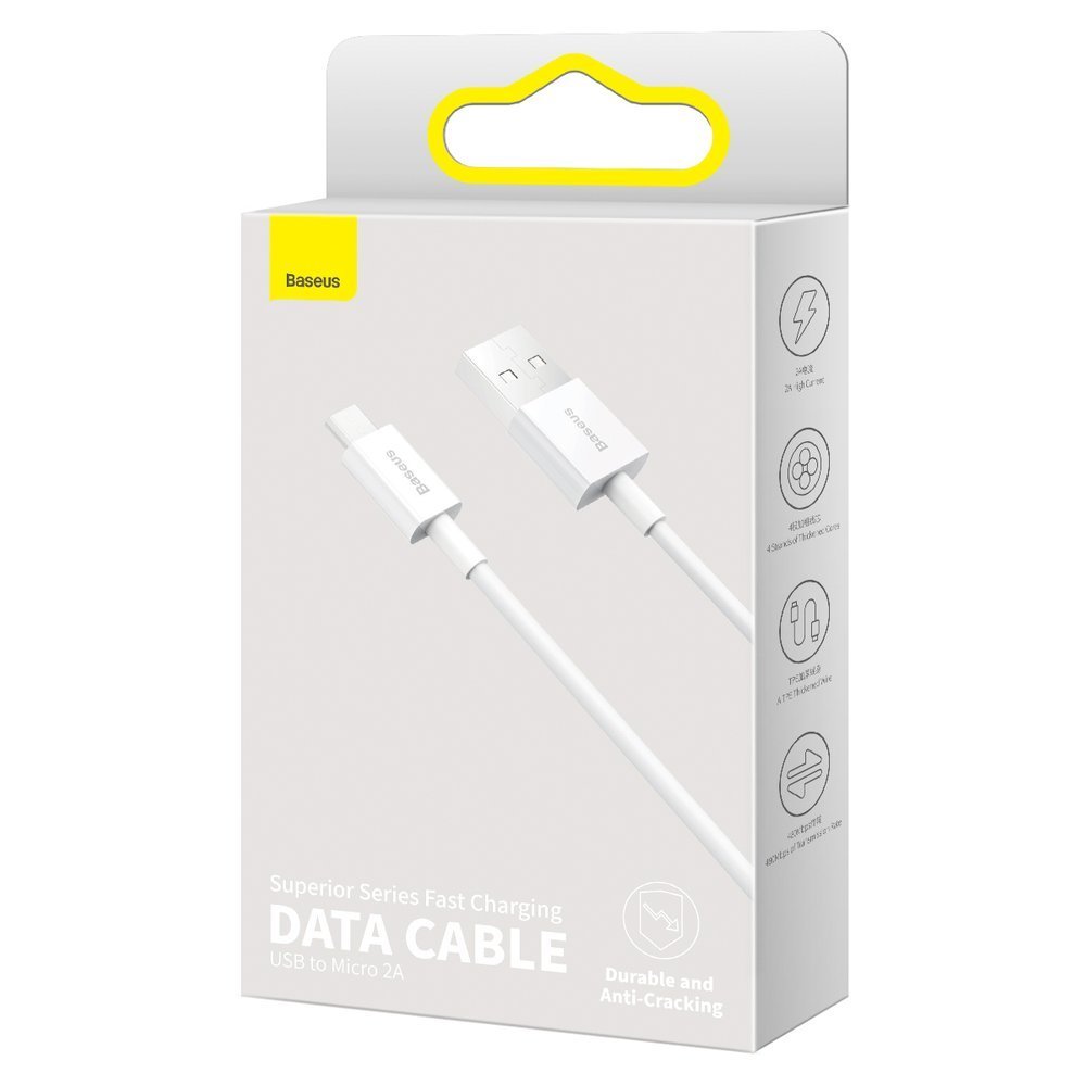 Кабел за данни и зареждане USB-A - microUSB Baseus Superior Series, 18W, 2m, Бял CAMYS-A02