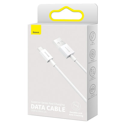 Кабел за данни и зареждане USB-A - microUSB Baseus Superior Series, 18W, 2m, Бял CAMYS-A02