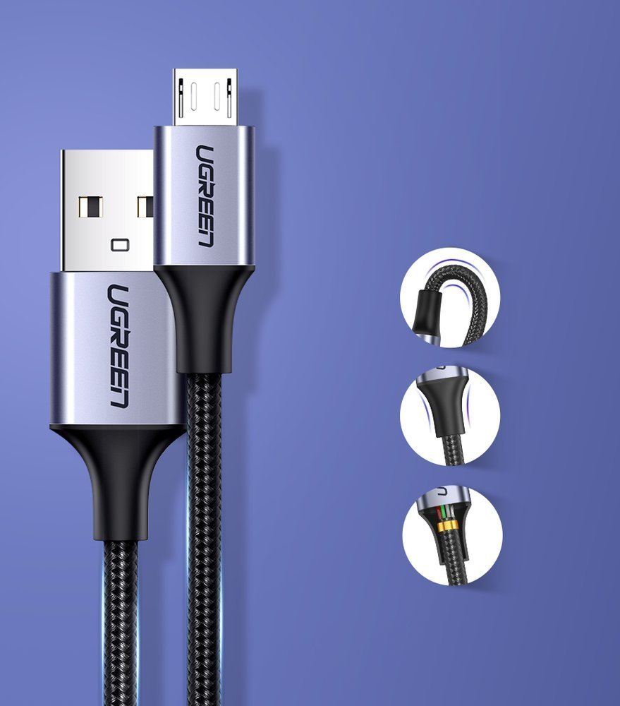 Кабел за данни и зареждане USB-A - microUSB UGREEN US290, 18W, 1.5m, Черен