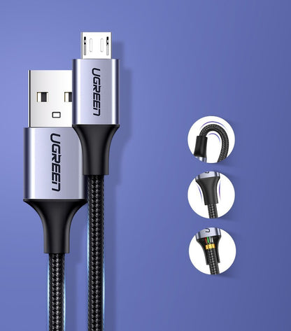 Кабел за данни и зареждане USB-A - microUSB UGREEN US290, 18W, 1.5m, Черен