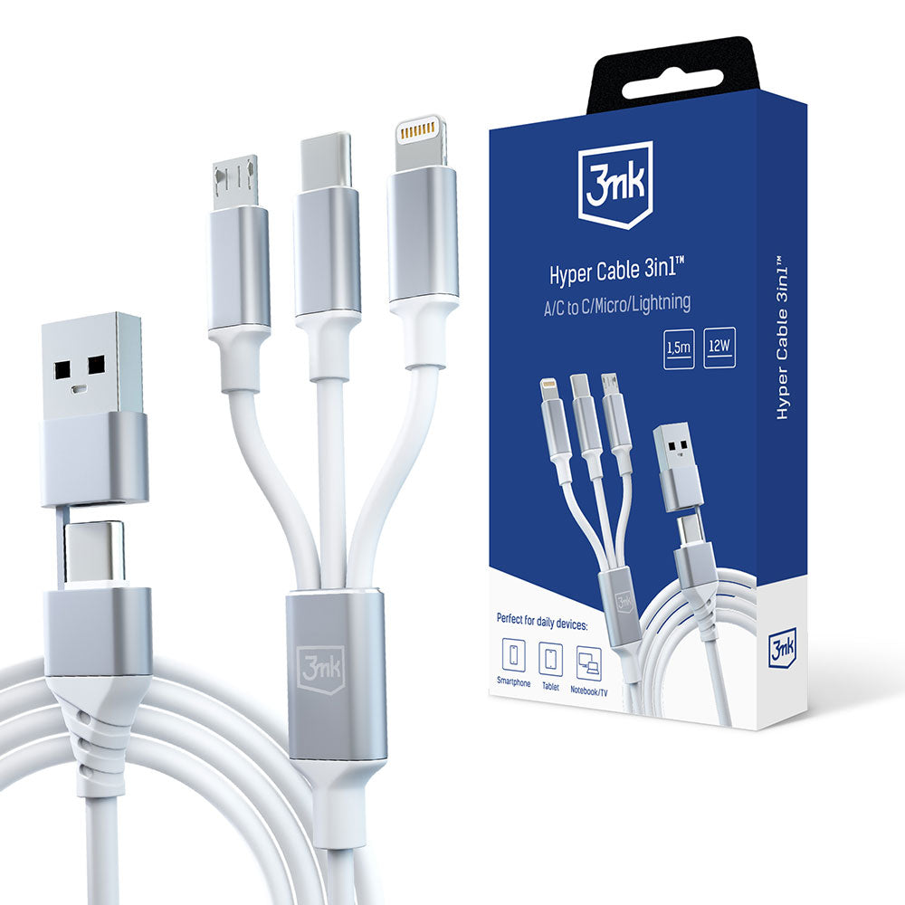 Кабел за зареждане USB-A / USB-C - Lightning / microUSB / USB-C 3MK Hyper 3in1, 12W, 1,5 м, бял 