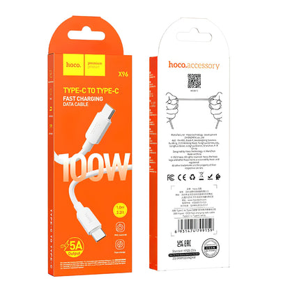Кабел за данни и зареждане USB-C - USB-C HOCO X96, 100W, 1m, Бял