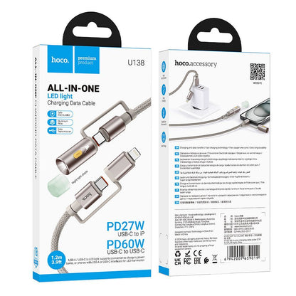 Кабел за данни и зареждане USB-C / Lightning - USB-C / Led HOCO U138, 60W, 1.2m, Сив
