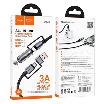 Кабел за данни и зареждане USB-C / USB-A - USB-C / Електрическа запалка HOCO U138, 60W, 1.2m, Черен