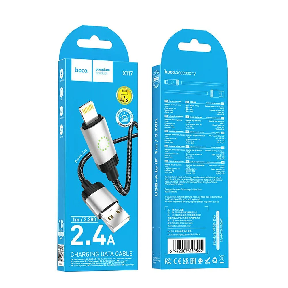Кабел за данни и зареждане USB-A - Lightning HOCO X117, 18W, 1m, Черен
