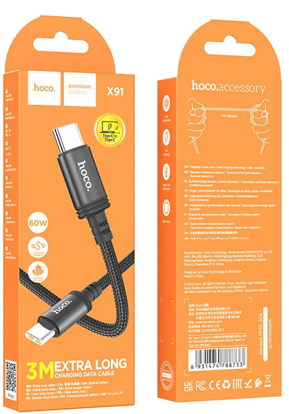 Кабел за данни и зареждане USB-C - USB-C HOCO X91, 60W, 3m, Черен