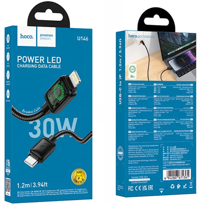 Кабел за данни и зареждане USB-C - Lightning HOCO U146, 30W, 1.2m, Черен
