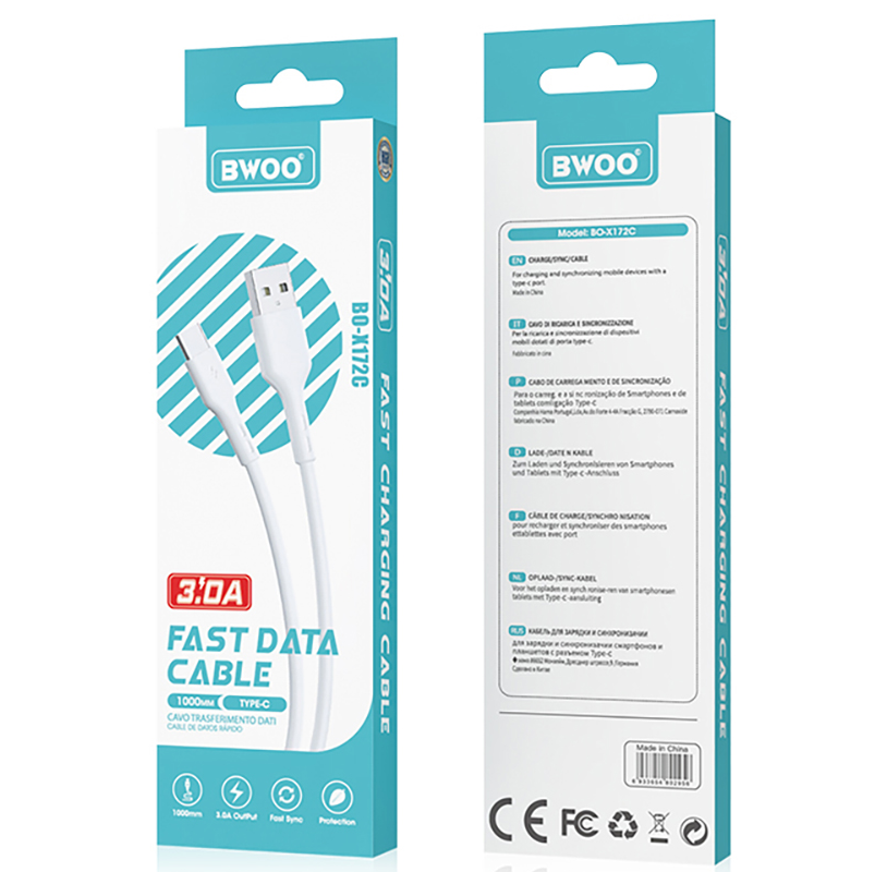 Кабел за данни и зареждане USB-A - USB-C BWOO X172C, 60W, 1m, Бял