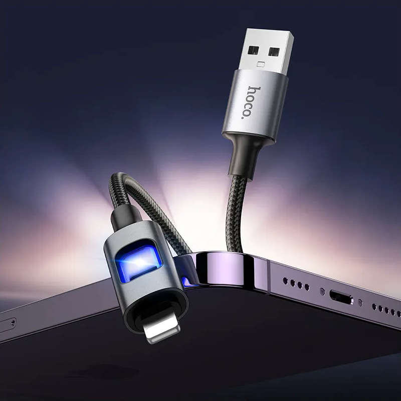 Кабел за данни и зареждане USB-A - Lightning HOCO U144 Led, 18W, 1.2m, Черен