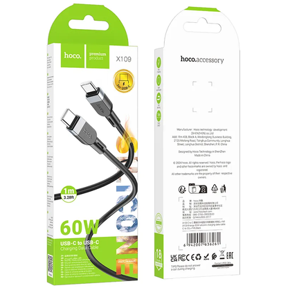 Кабел за данни и зареждане USB-C - USB-C HOCO X109, 60W, 1m, Черен