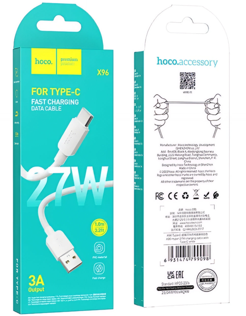 Кабел за данни и зареждане USB-A - USB-C HOCO X96, 27W, 1m, Бял