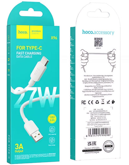 Кабел за данни и зареждане USB-A - USB-C HOCO X96, 27W, 1m, Бял