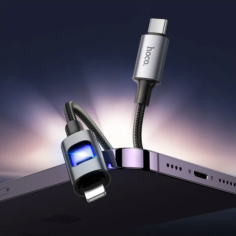 Кабел за данни и зареждане USB-C - Lightning HOCO U144 Led, 27W, 1.2м, Черен