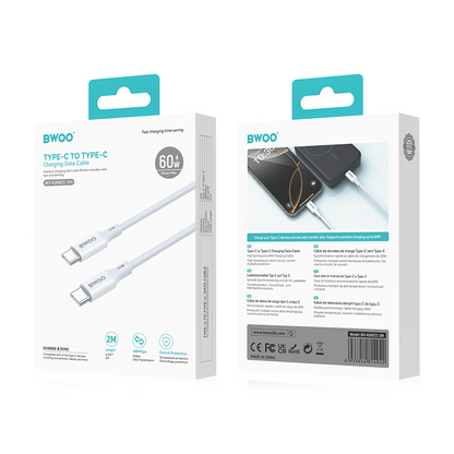 Кабел за данни и зареждане USB-C - USB-C BWOO BO-X283CC-2M, 60W, 2м, бял